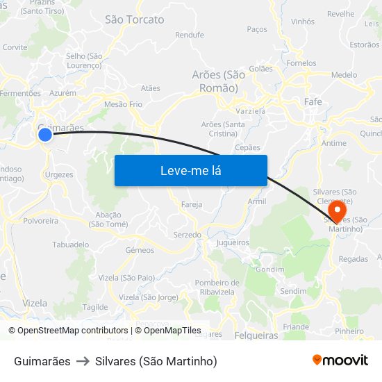 Guimarães to Silvares (São Martinho) map