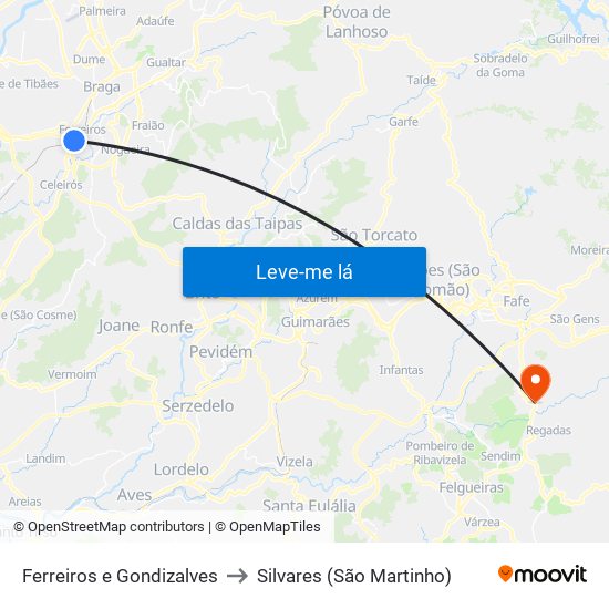Ferreiros e Gondizalves to Silvares (São Martinho) map