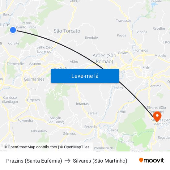 Prazins (Santa Eufémia) to Silvares (São Martinho) map