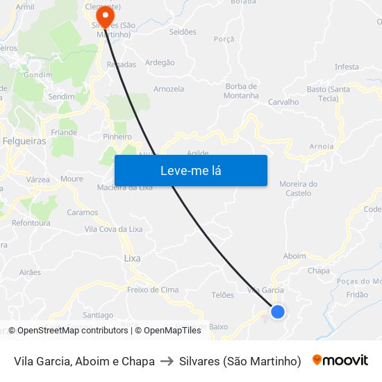 Vila Garcia, Aboim e Chapa to Silvares (São Martinho) map