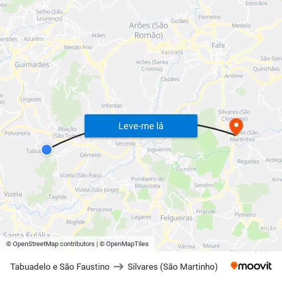 Tabuadelo e São Faustino to Silvares (São Martinho) map