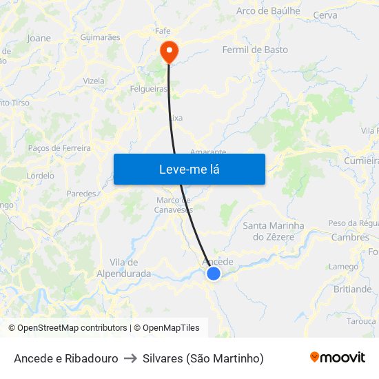 Ancede e Ribadouro to Silvares (São Martinho) map