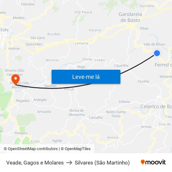 Veade, Gagos e Molares to Silvares (São Martinho) map