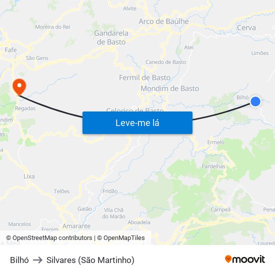 Bilhó to Silvares (São Martinho) map
