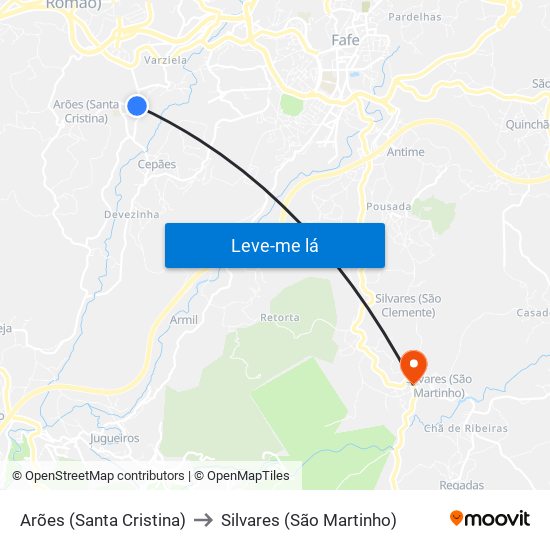Arões (Santa Cristina) to Silvares (São Martinho) map