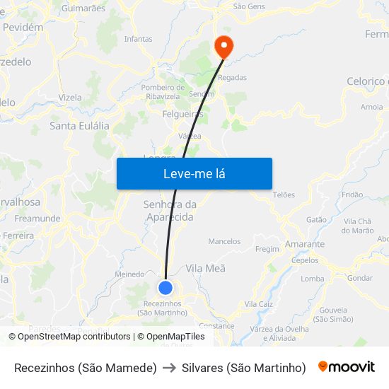 Recezinhos (São Mamede) to Silvares (São Martinho) map