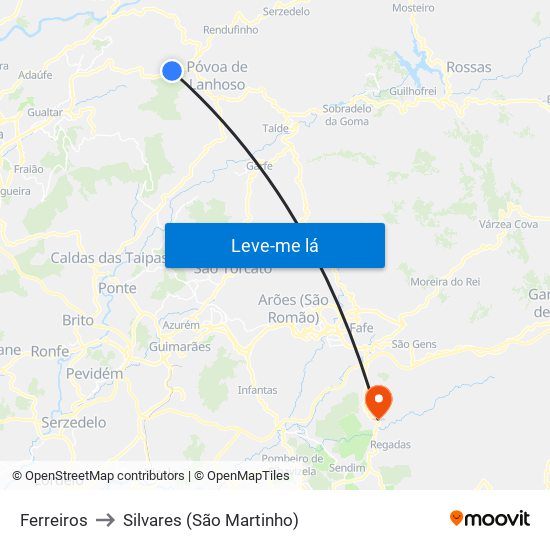 Ferreiros to Silvares (São Martinho) map