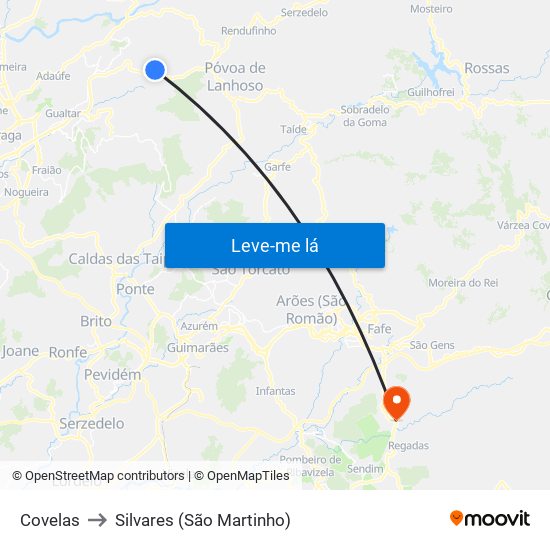 Covelas to Silvares (São Martinho) map