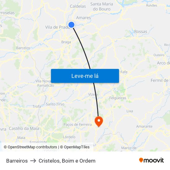 Barreiros to Cristelos, Boim e Ordem map