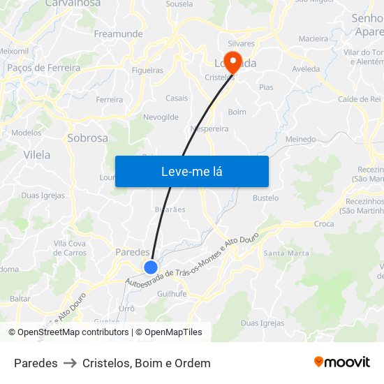 Paredes to Cristelos, Boim e Ordem map