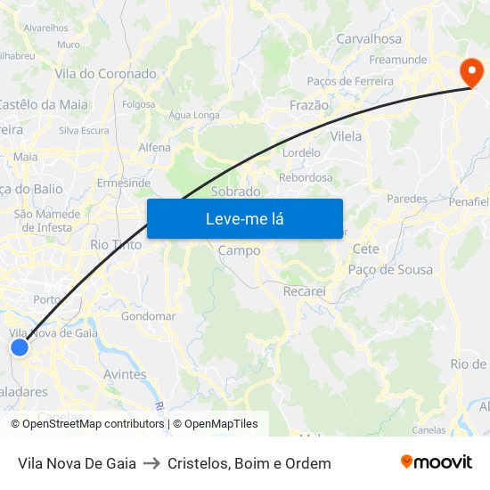 Vila Nova De Gaia to Cristelos, Boim e Ordem map