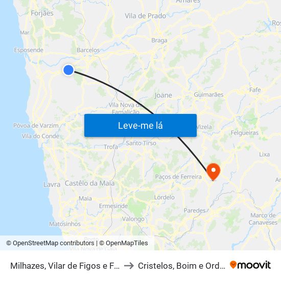 Milhazes, Vilar de Figos e Faria to Cristelos, Boim e Ordem map