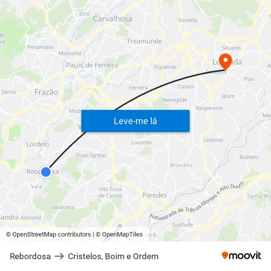 Rebordosa to Cristelos, Boim e Ordem map