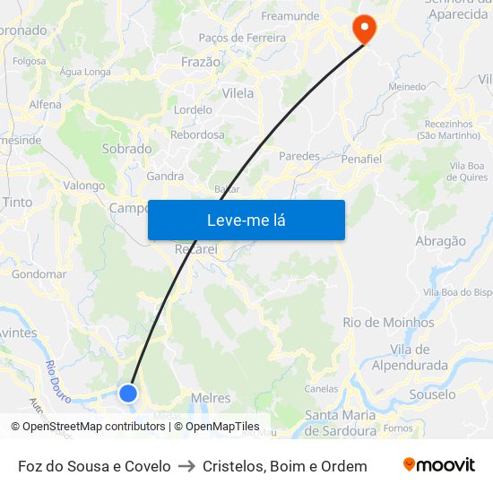 Foz do Sousa e Covelo to Cristelos, Boim e Ordem map