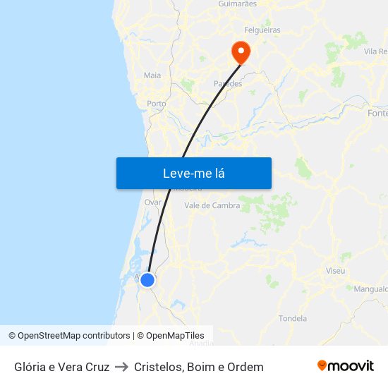 Glória e Vera Cruz to Cristelos, Boim e Ordem map