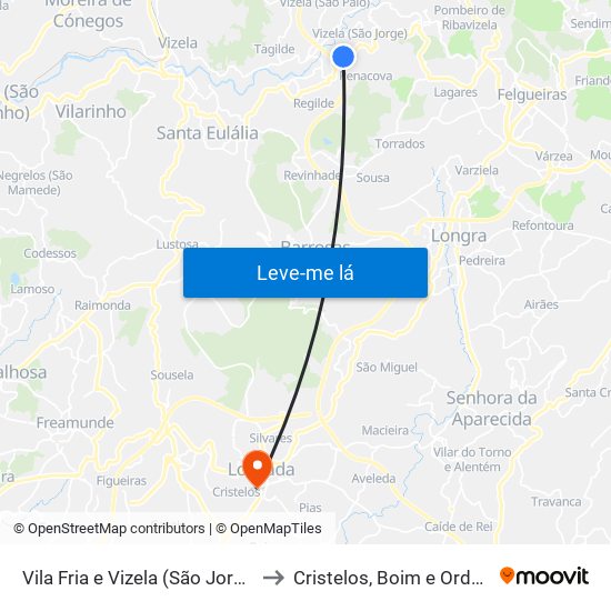 Vila Fria e Vizela (São Jorge) to Cristelos, Boim e Ordem map