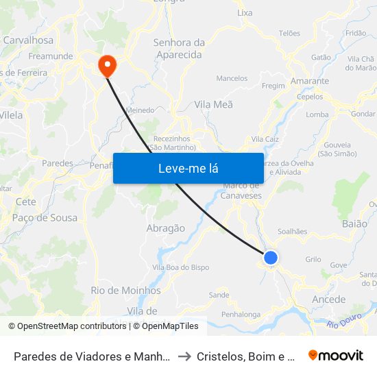 Paredes de Viadores e Manhuncelos to Cristelos, Boim e Ordem map