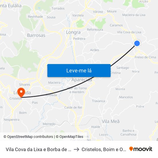 Vila Cova da Lixa e Borba de Godim to Cristelos, Boim e Ordem map