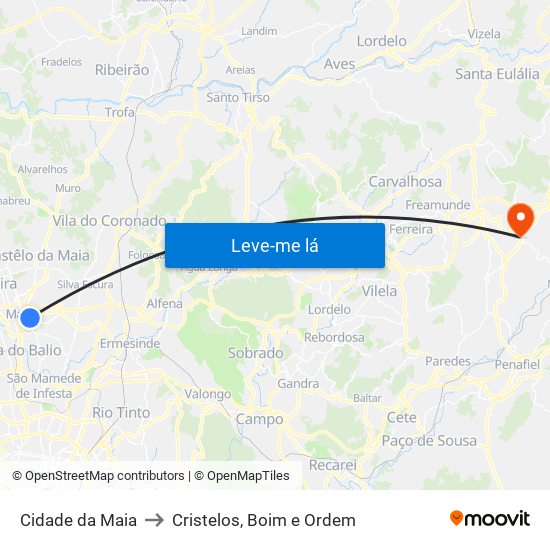 Cidade da Maia to Cristelos, Boim e Ordem map