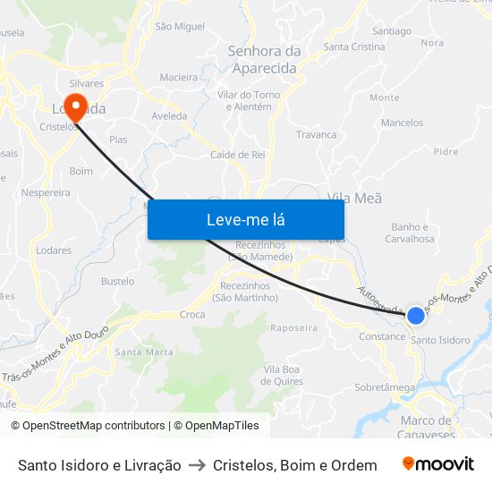 Santo Isidoro e Livração to Cristelos, Boim e Ordem map