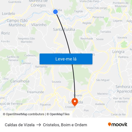 Caldas de Vizela to Cristelos, Boim e Ordem map