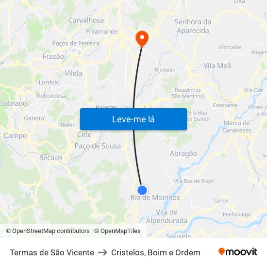 Termas de São Vicente to Cristelos, Boim e Ordem map