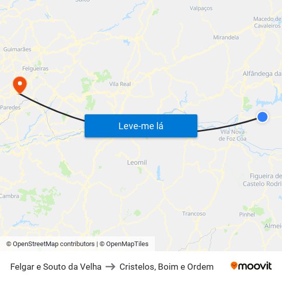 Felgar e Souto da Velha to Cristelos, Boim e Ordem map