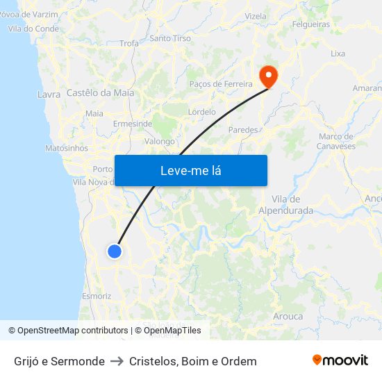 Grijó e Sermonde to Cristelos, Boim e Ordem map