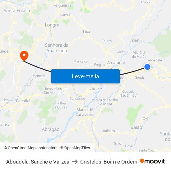 Aboadela, Sanche e Várzea to Cristelos, Boim e Ordem map