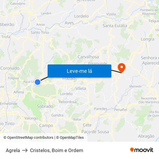 Agrela to Cristelos, Boim e Ordem map