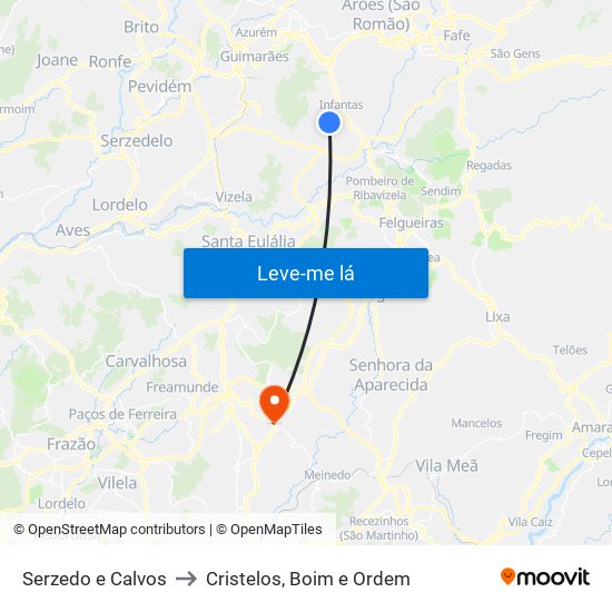 Serzedo e Calvos to Cristelos, Boim e Ordem map