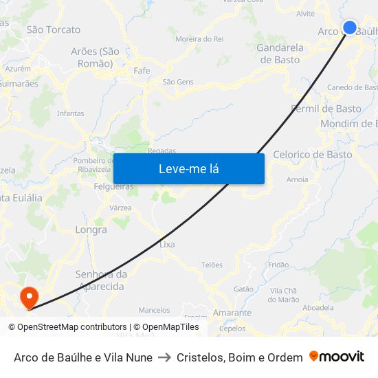 Arco de Baúlhe e Vila Nune to Cristelos, Boim e Ordem map
