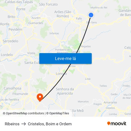 Ribeiros to Cristelos, Boim e Ordem map