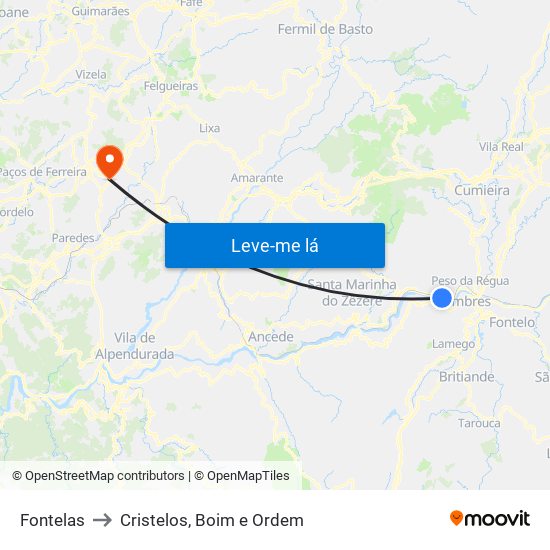 Fontelas to Cristelos, Boim e Ordem map