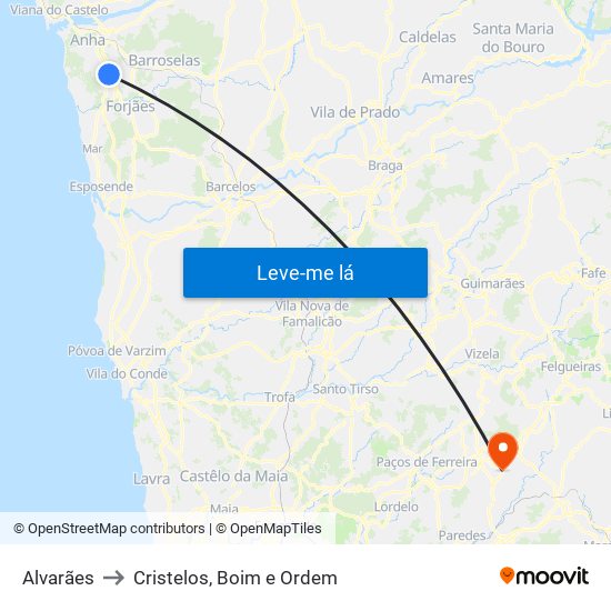 Alvarães to Cristelos, Boim e Ordem map