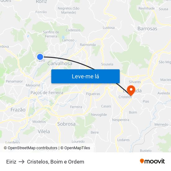 Eiriz to Cristelos, Boim e Ordem map