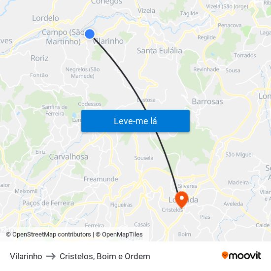 Vilarinho to Cristelos, Boim e Ordem map