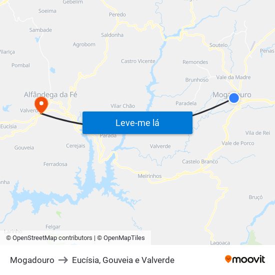 Mogadouro to Eucísia, Gouveia e Valverde map