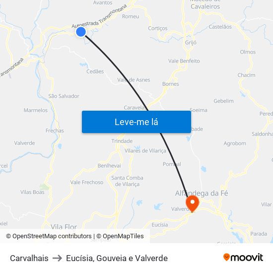 Carvalhais to Eucísia, Gouveia e Valverde map