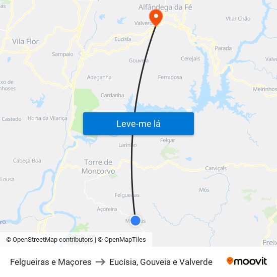 Felgueiras e Maçores to Eucísia, Gouveia e Valverde map