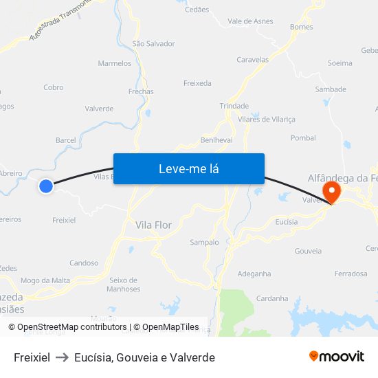 Freixiel to Eucísia, Gouveia e Valverde map