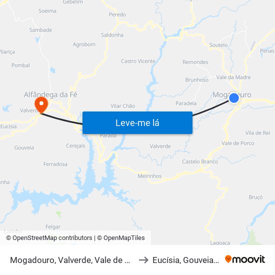 Mogadouro, Valverde, Vale de Porco e Vilar de Rei to Eucísia, Gouveia e Valverde map