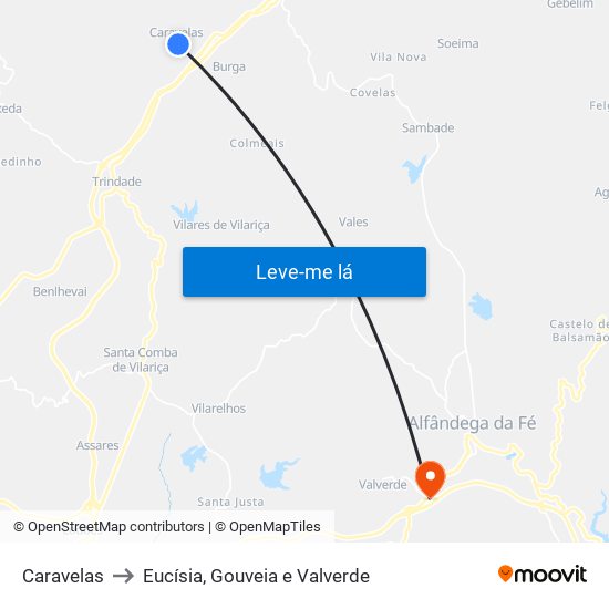 Caravelas to Eucísia, Gouveia e Valverde map