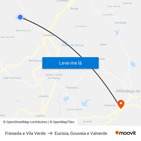 Freixeda e Vila Verde to Eucísia, Gouveia e Valverde map