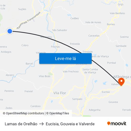 Lamas de Orelhão to Eucísia, Gouveia e Valverde map