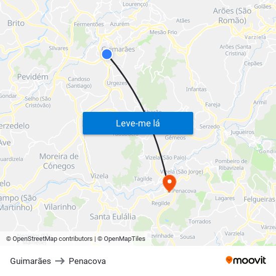 Guimarães to Penacova map