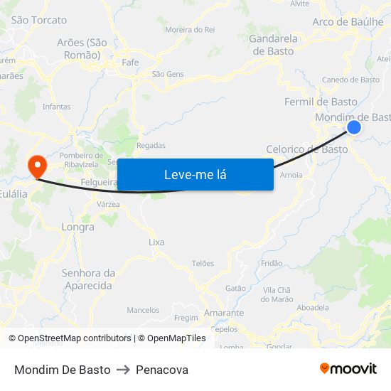 Mondim De Basto to Penacova map