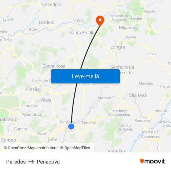 Paredes to Penacova map