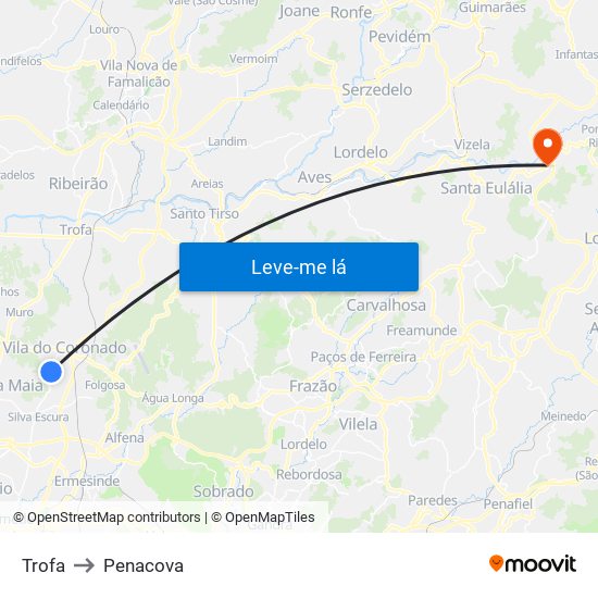 Trofa to Penacova map