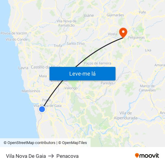 Vila Nova De Gaia to Penacova map